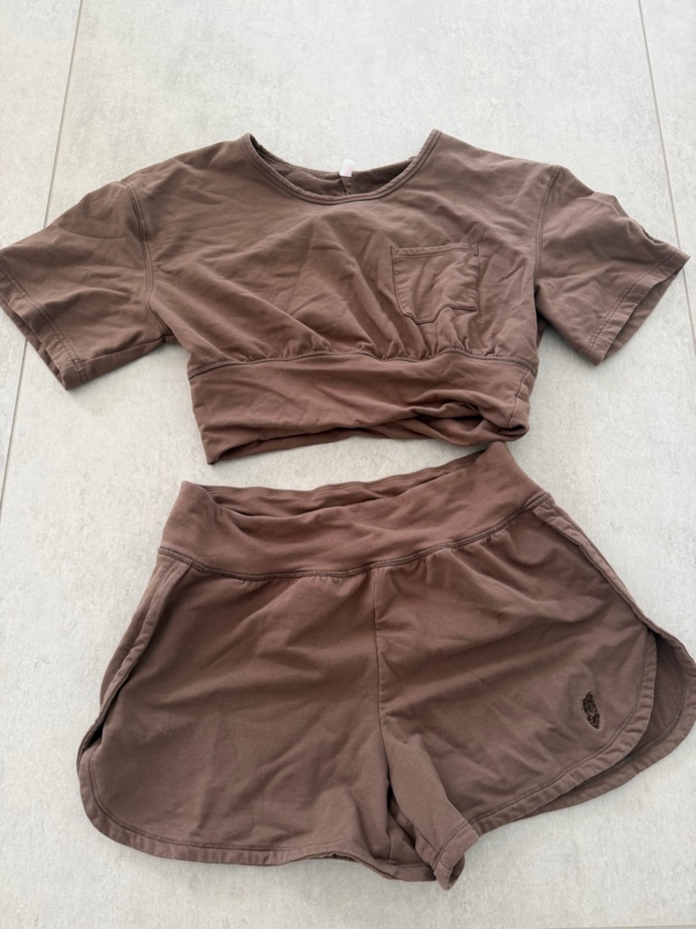 Free People Brown Casual Tee with Subtle Pocket Detail and shorts set.